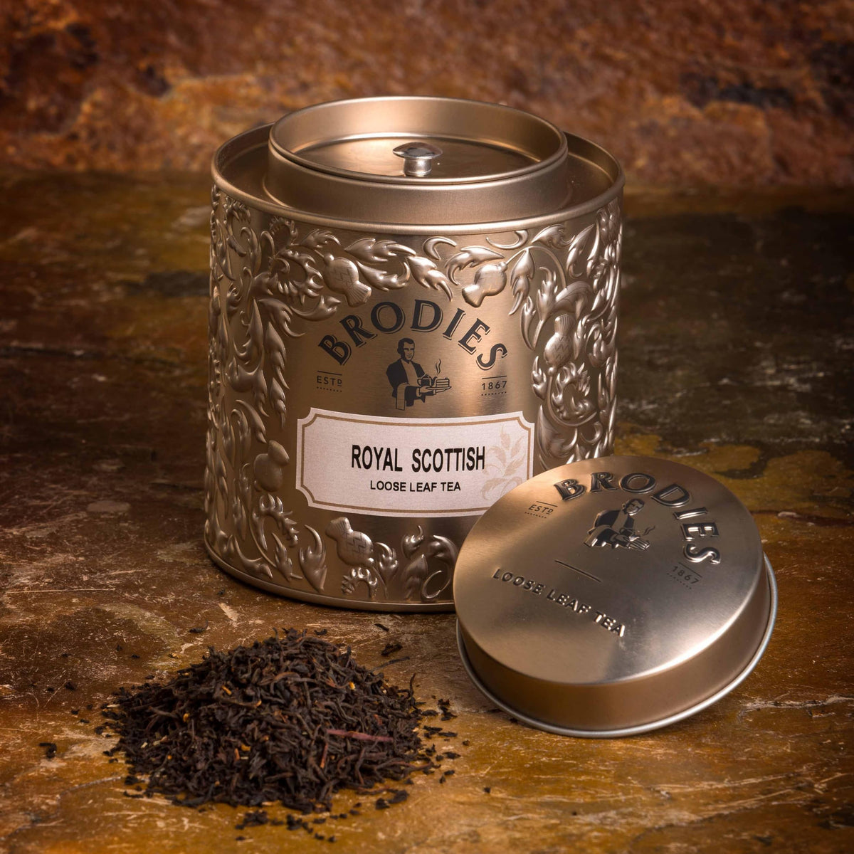 Brodies loose leaf black tea 3-5oz; fresh, versatile daily brew.