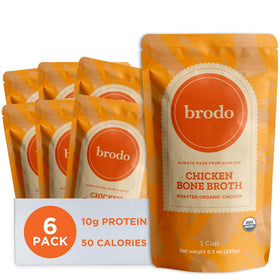 Brodo chicken broth single-serving pouch ideal for quick, comforting cup at lunch.
