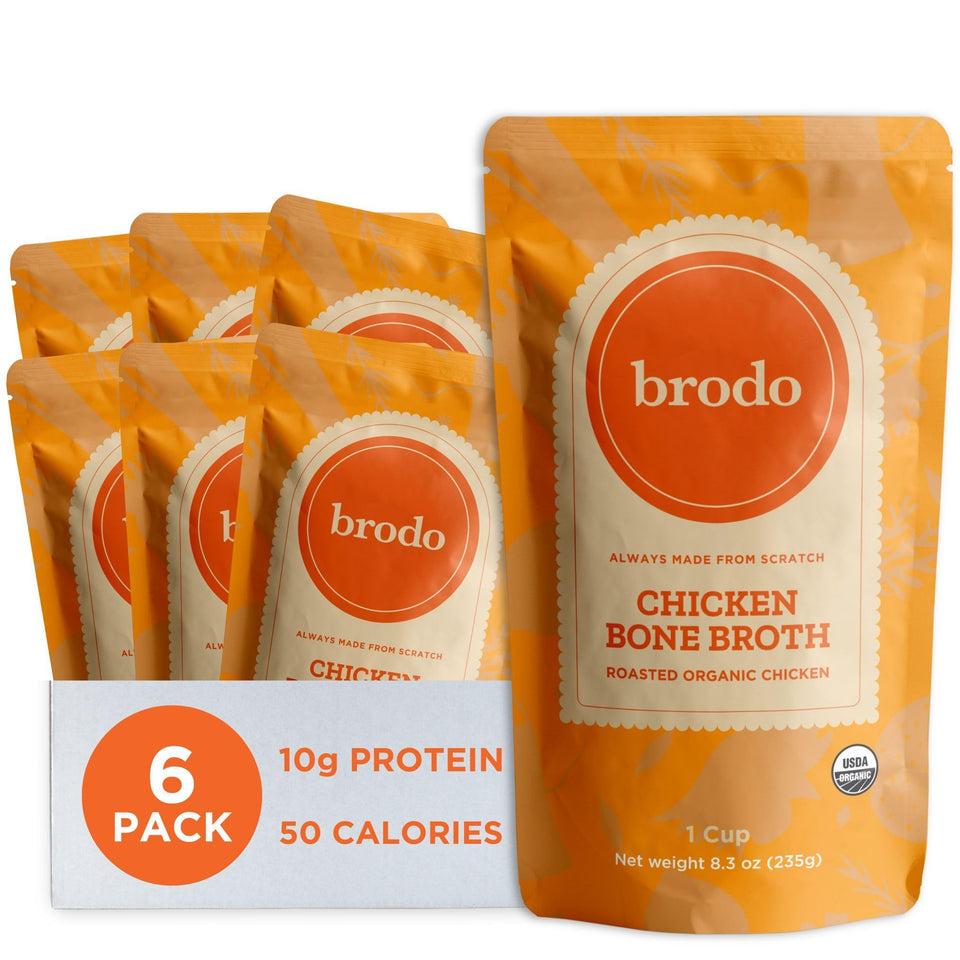 Brodo chicken broth single-serving pouch ideal for quick, comforting cup at lunch.