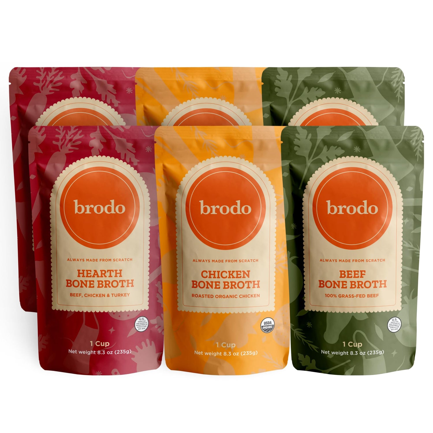 Brodo classic variety pack showcased, six ready-to-heat pouches.