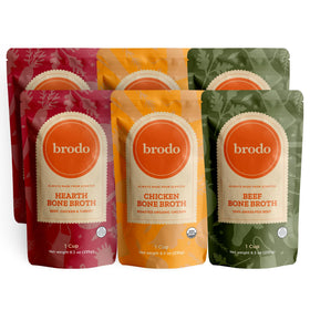 Brodo classic variety pack showcased, six ready-to-heat pouches.