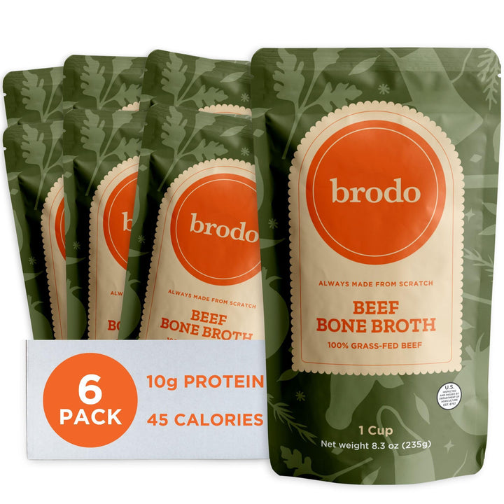 Brodo grass-fed beef bone broth pouch packaging highlights organic quality for quick sipping.