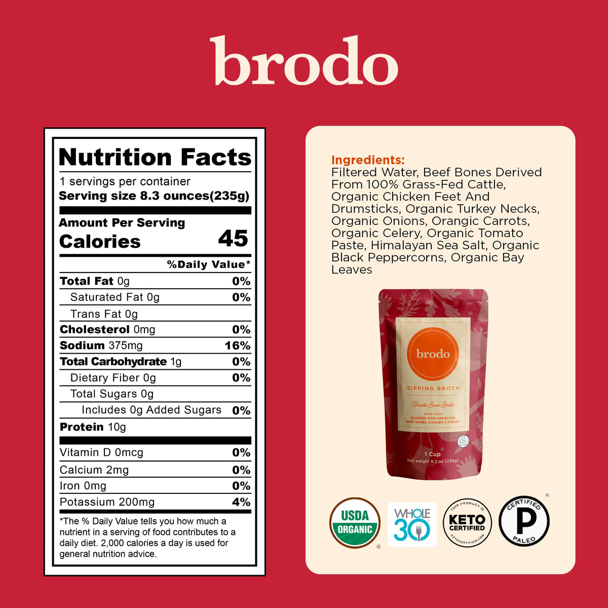 Brodo organic chicken broth bottle emphasizing convenient sipping.
