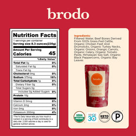 Brodo organic chicken broth bottle emphasizing convenient sipping.