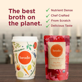 Brodo Spicy Nonna steaming broth in a cup for a warm on-the-go meal