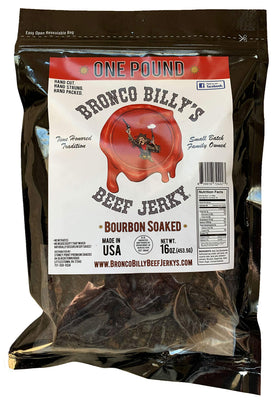 Bronco Billy's Bourbon-soaked beef jerky in resealable bag for on-the-go snacking
