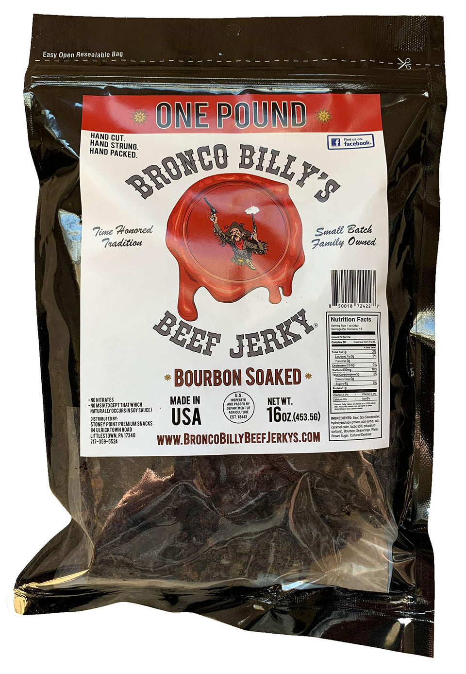 Bronco Billy's Bourbon-soaked beef jerky in resealable bag for on-the-go snacking