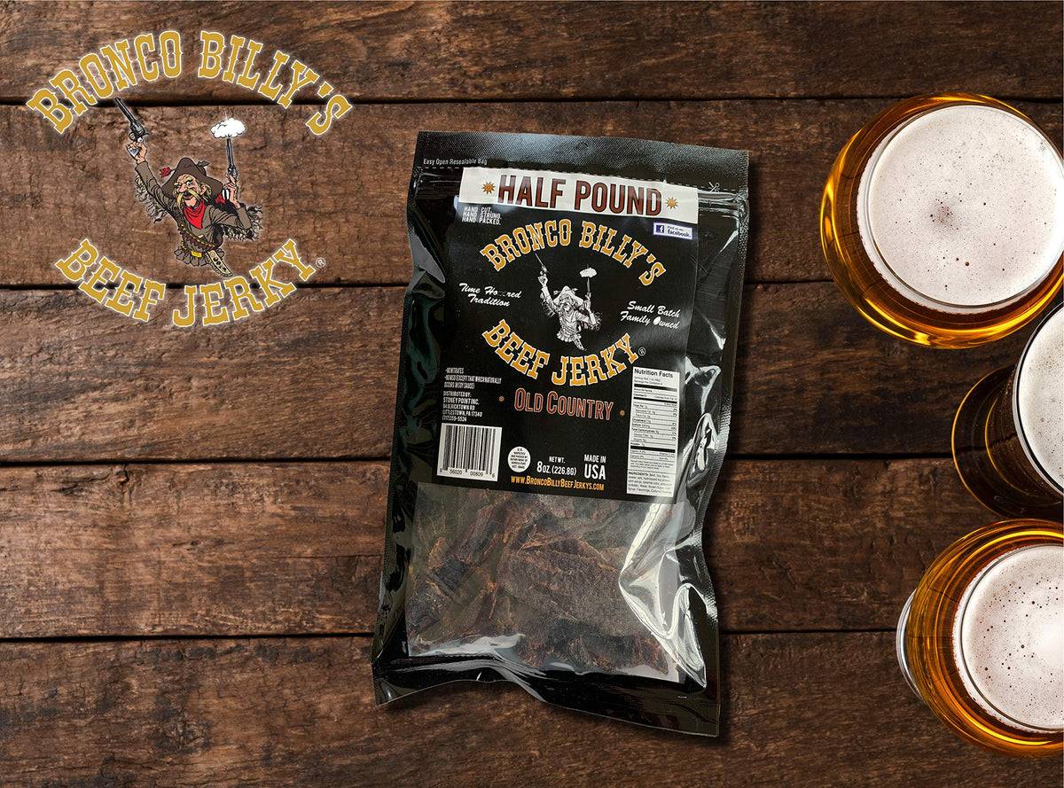 Bronco Billy's Beef Jerky closeup slices highlight rich smoky flavor