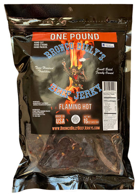 Bronco Billy's Flaming Hot beef jerky bag close-up showing spicy, long-lasting flavor for workouts
