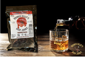 Bronco Billy's beef jerky with glossy glaze and rich color