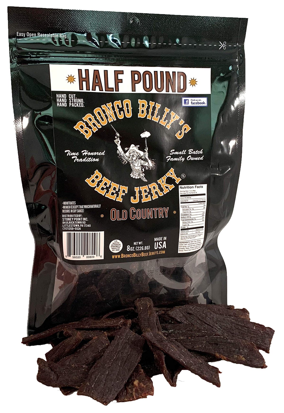 Bronco Billy's Beef Jerky Hickory Smoked bag shows resealable packaging for freshness