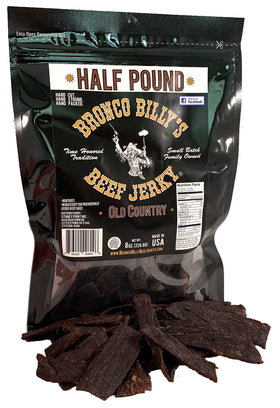 Bronco Billy's Beef Jerky Hickory Smoked bag shows resealable packaging for freshness