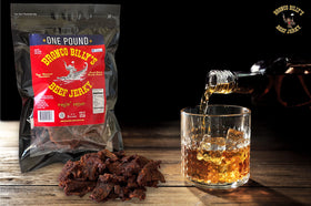 Bronco Billy's Ragin' Cajun beef jerky close-up texture reveals chewy savoriness for satisfying bites.