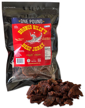 Bronco Billy's Ragin' Cajun beef jerky front packaging showing bold Louisiana flavor for on-the-go snacking.