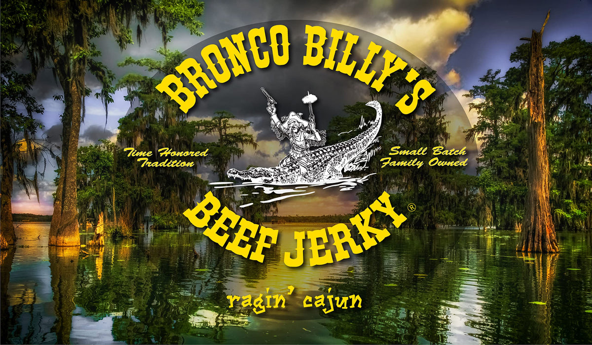 Bronco Billy's Ragin' Cajun beef jerky ingredients image highlights nitrate-free, keto-friendly snacking.