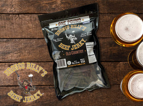 Bronco Billy's Beef Jerky sliced meat closeup—tender texture and bold flavor.