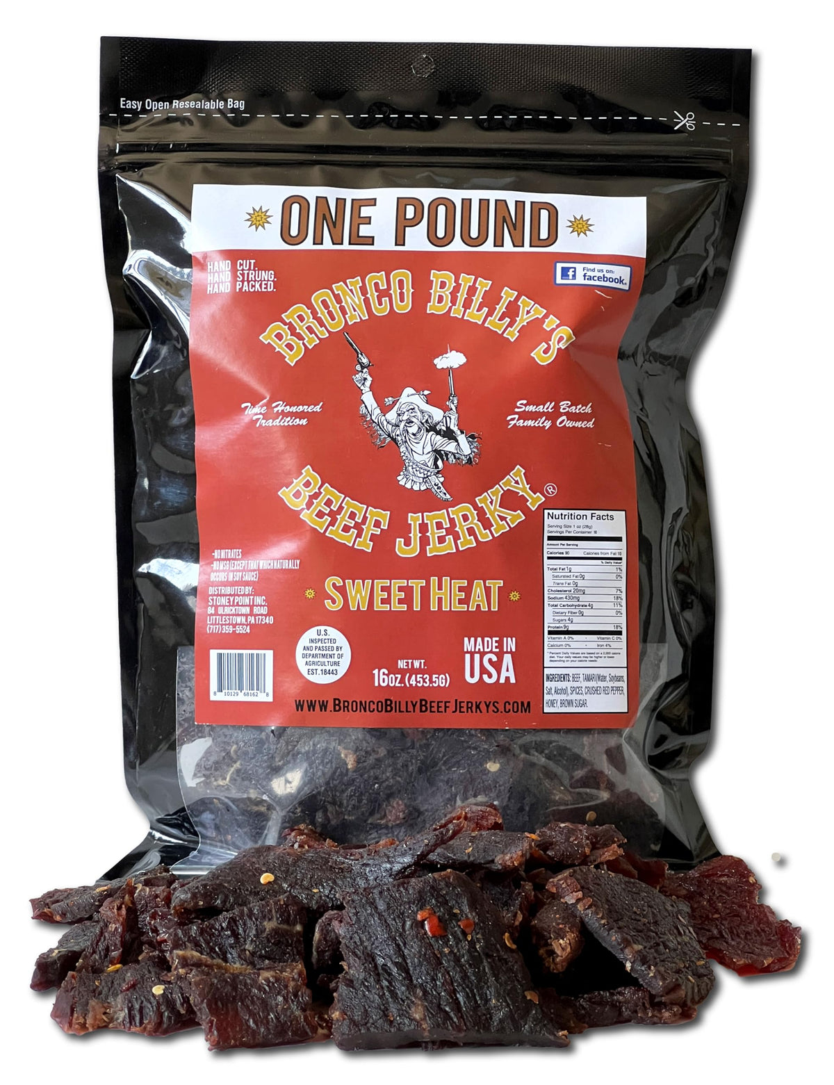 Bronco Billy's Sweet Heat beef jerky hand-cut close-up highlighting premium texture for snacking.
