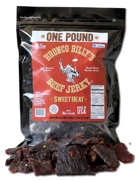 Bronco Billy's Sweet Heat beef jerky hand-cut close-up highlighting premium texture for snacking.