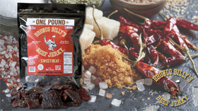 Bronco Billy's Sweet Heat beef jerky handstrung rows showcase artisanal bite-sized servings.