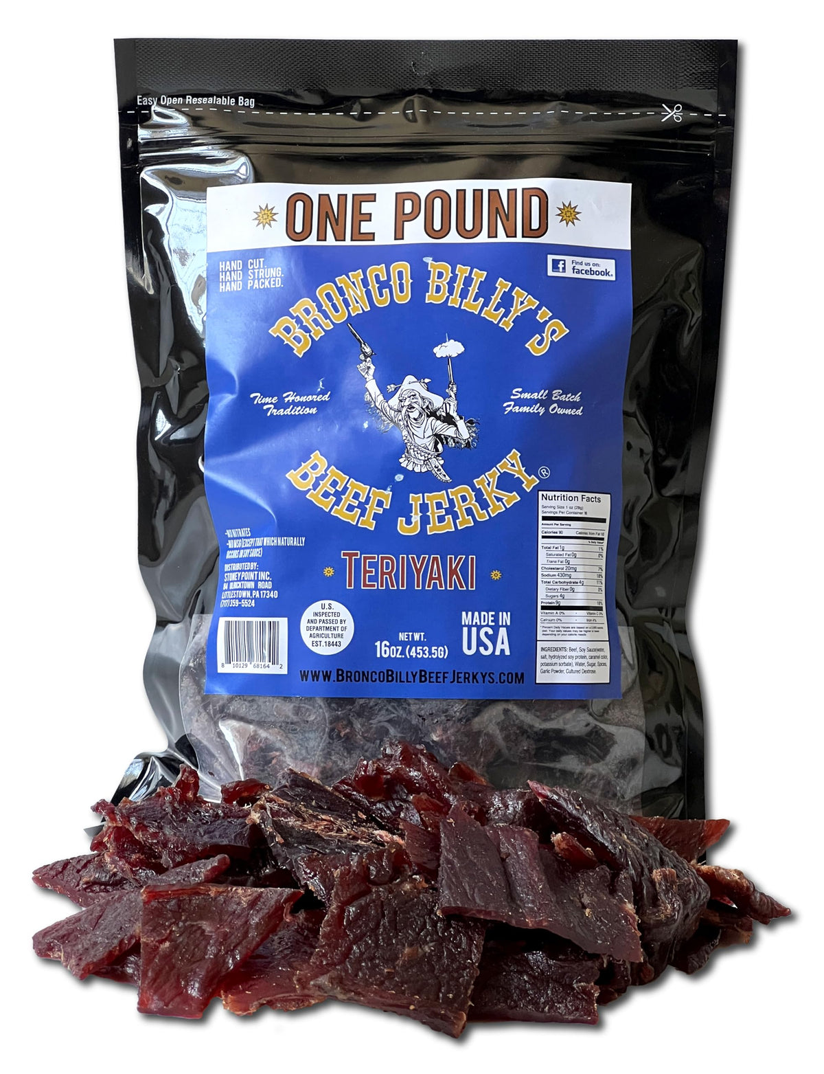 Bronco Billy's Teriyaki Beef Jerky 1lb bag with premium USA beef for a flavorful snack.