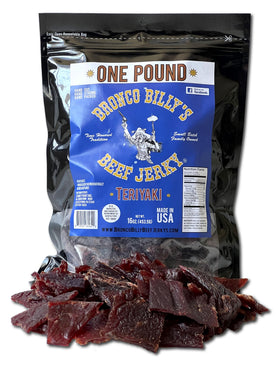 Bronco Billy's Teriyaki Beef Jerky 1lb bag with premium USA beef for a flavorful snack.