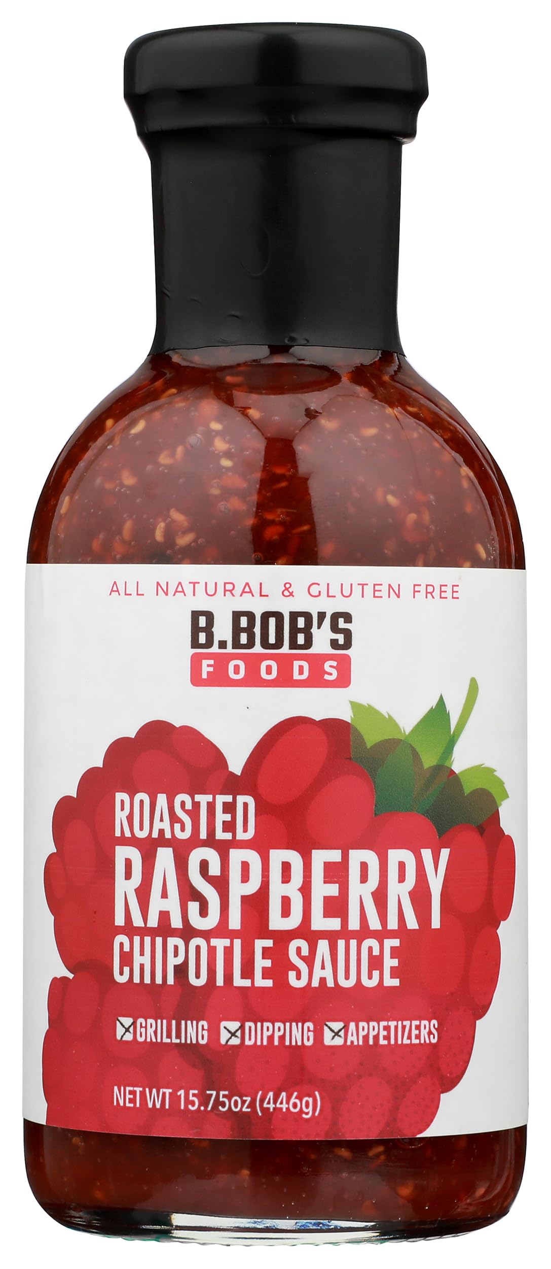 Bronco Bob's Roasted Raspberry Chipotle Sauce bottle highlights smoky-sweet glaze ideal for grilling
