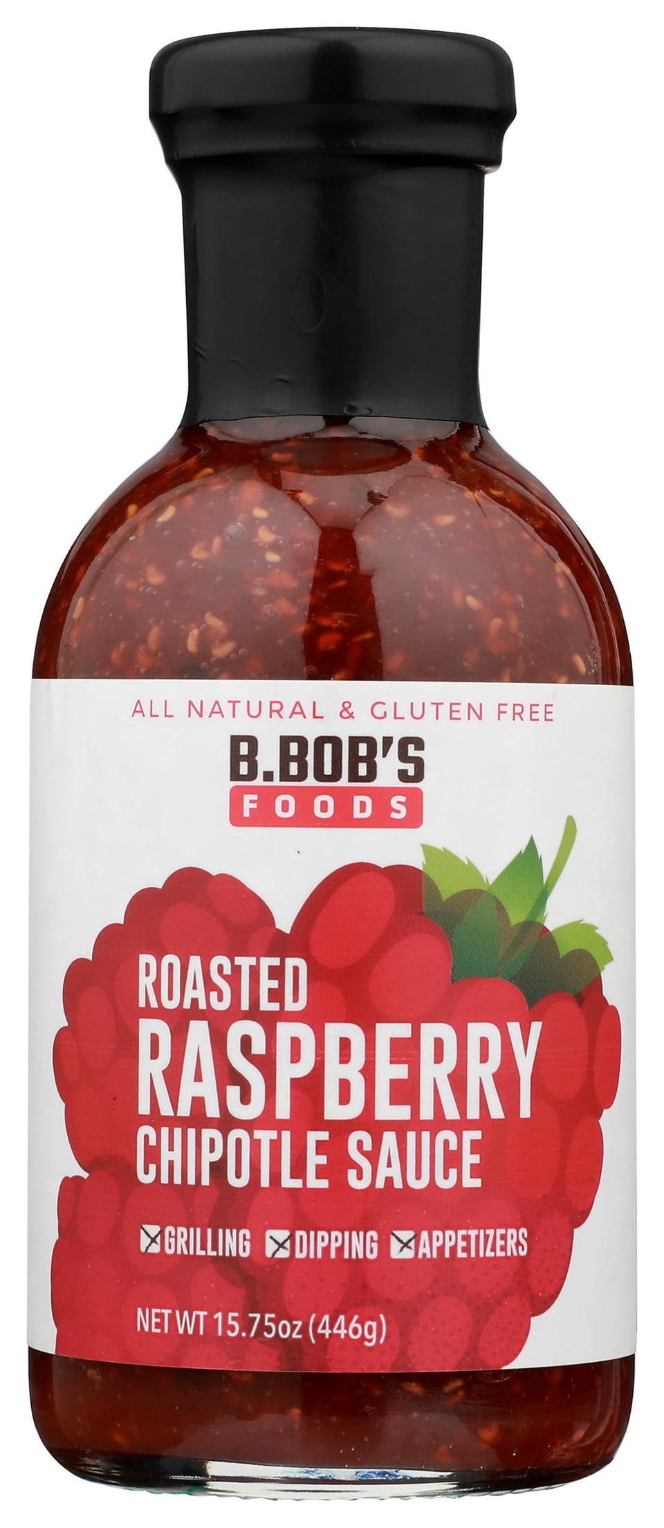 Bronco Bob's Roasted Raspberry Chipotle Sauce bottle highlights smoky-sweet glaze ideal for grilling