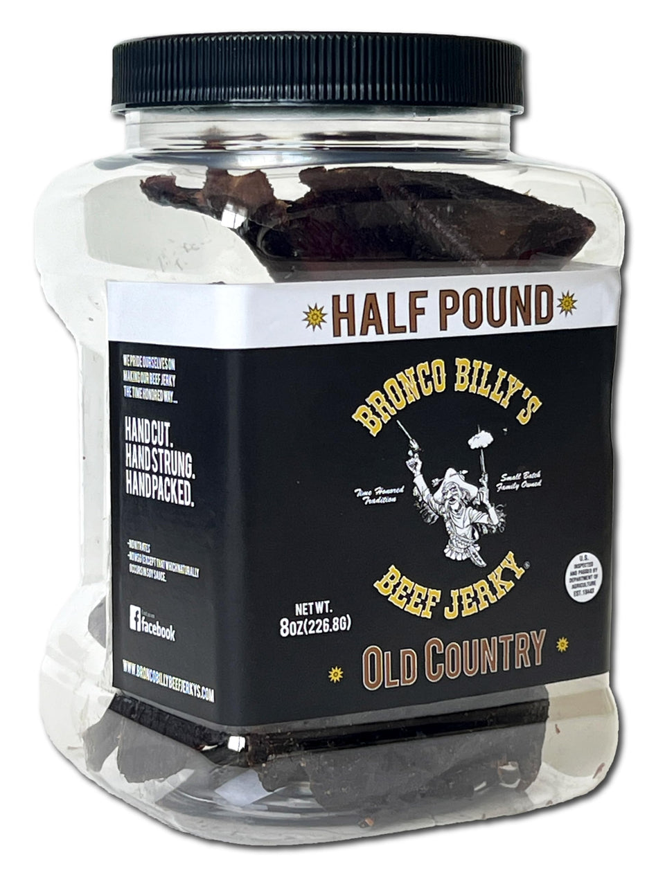 Bronco Billy's Beef Jerky Old Country Hickory jar reveals authentic flavor and craftsmanship.