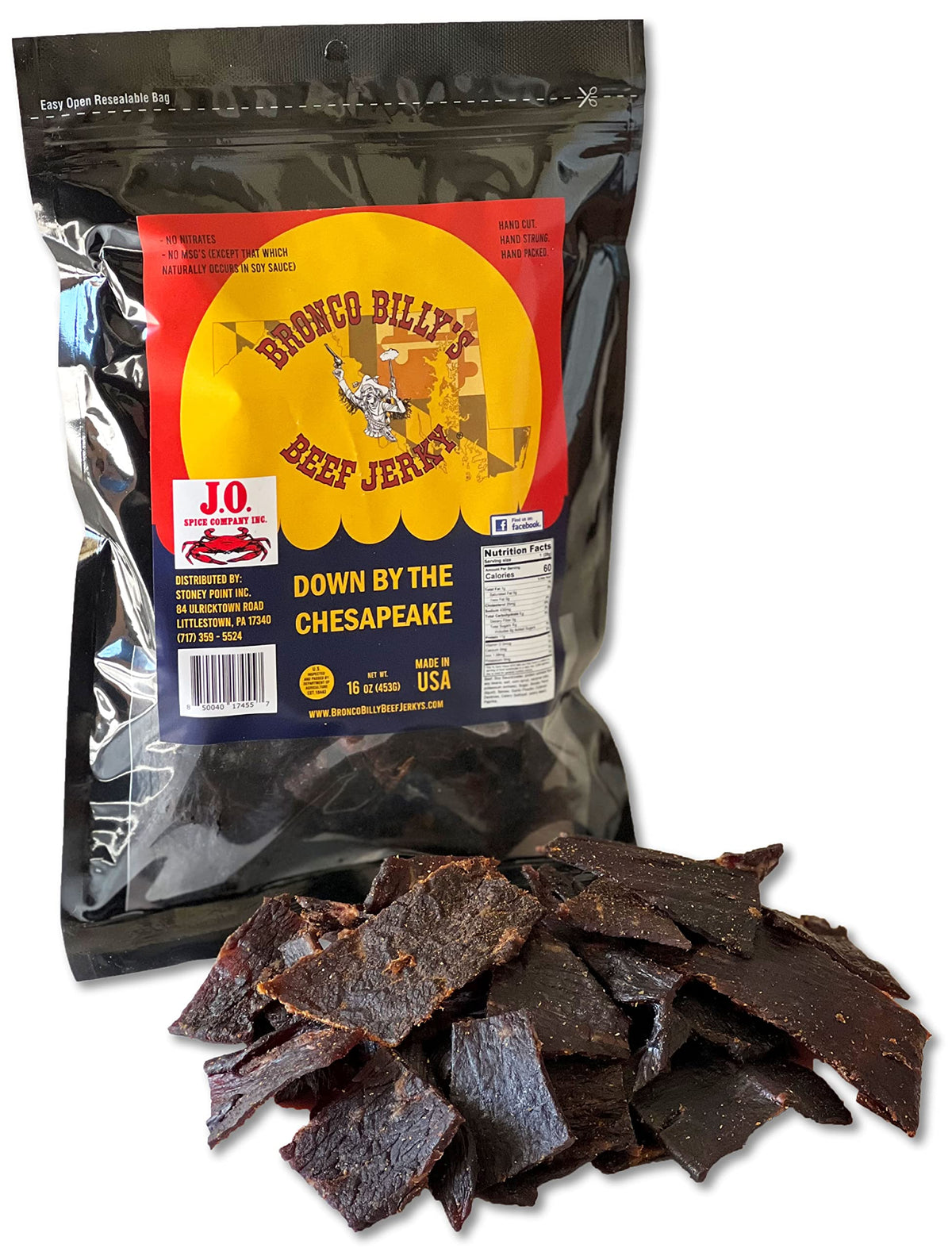 Bronco Billy's Down By The Chesapeake beef jerky bag showing the seasoned surface, ideal keto-friendly snack.