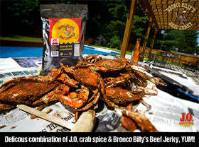 Bronco Billy's spice closeup emphasizes the J.O. seafood blend and rich flavor notes.