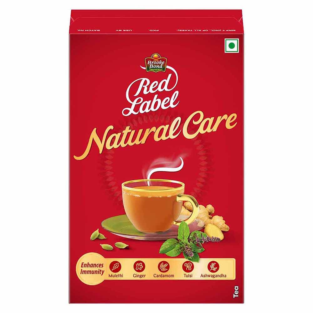 Brooke Bond Red Label Natural Care tea pack with five Ayurvedic ingredients for rich flavor