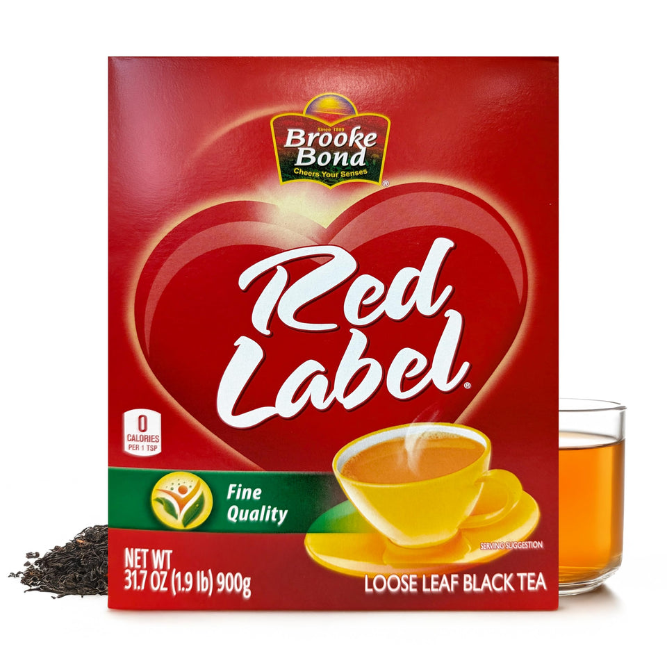 Brooke Bond Red Label tea packaging signals premium loose leaf black tea.