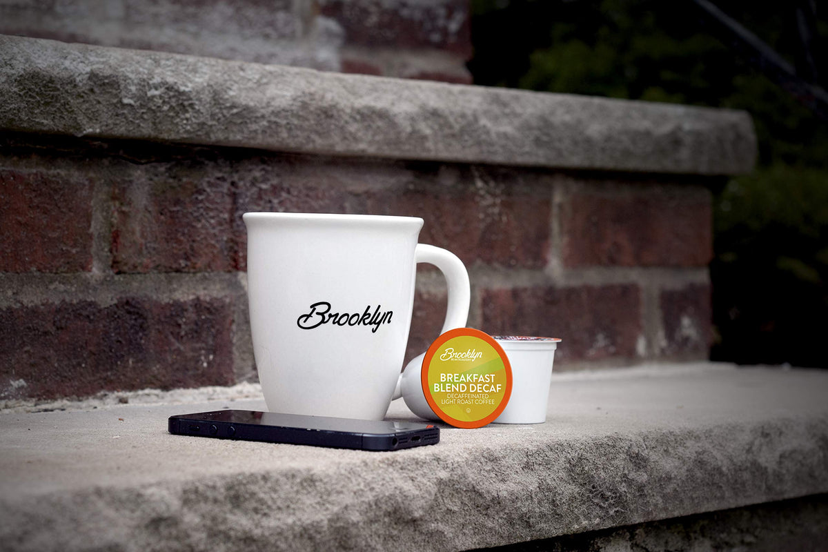 Brooklyn Beans decaf pods on shelf, convenient 40-count supply for mornings.