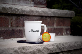 Brooklyn Beans decaf pods on shelf, convenient 40-count supply for mornings.