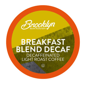 Brooklyn Beans Decaf Breakfast Blend pod closeup highlighting fresh, smooth flavor.