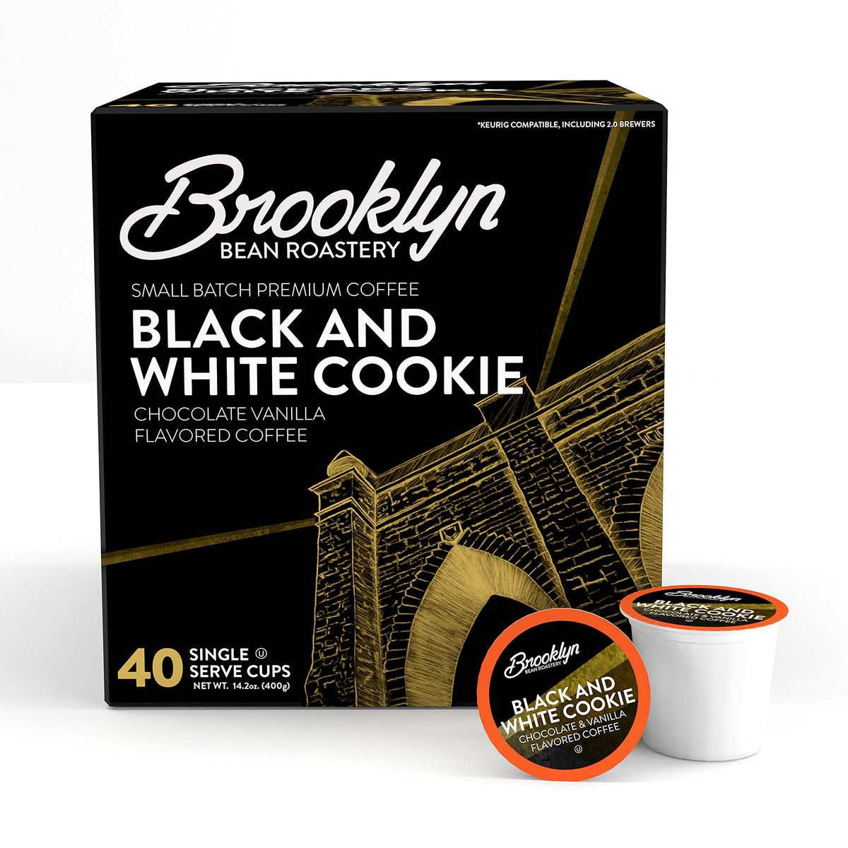 Brooklyn Beans Black and White Cookie pods, packshot, convenient coffee for Keurig brewers.