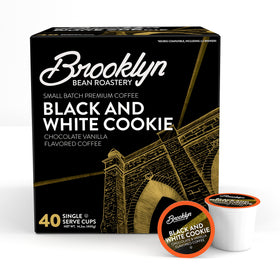 Brooklyn Beans Black and White Cookie pods, packshot, convenient coffee for Keurig brewers.