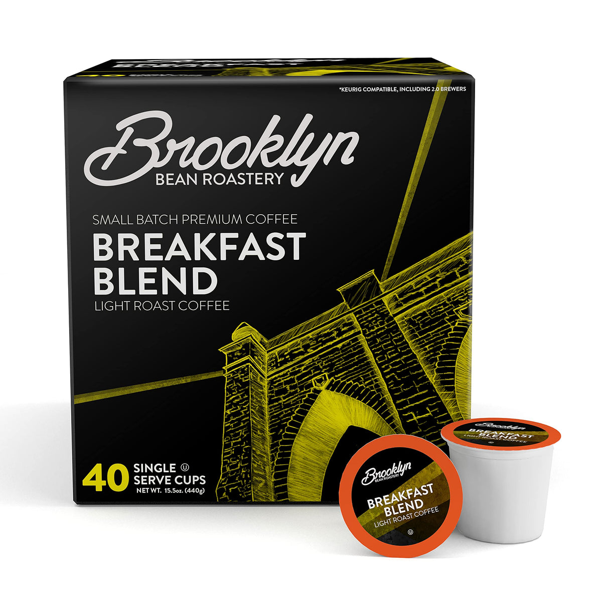 Brooklyn Beans Breakfast Blend pods in the box front, smooth morning cup in mind
