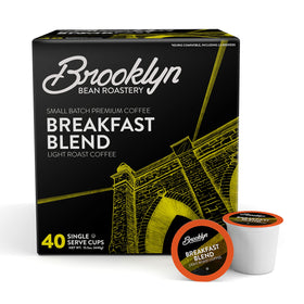 Brooklyn Beans Breakfast Blend pods in the box front, smooth morning cup in mind