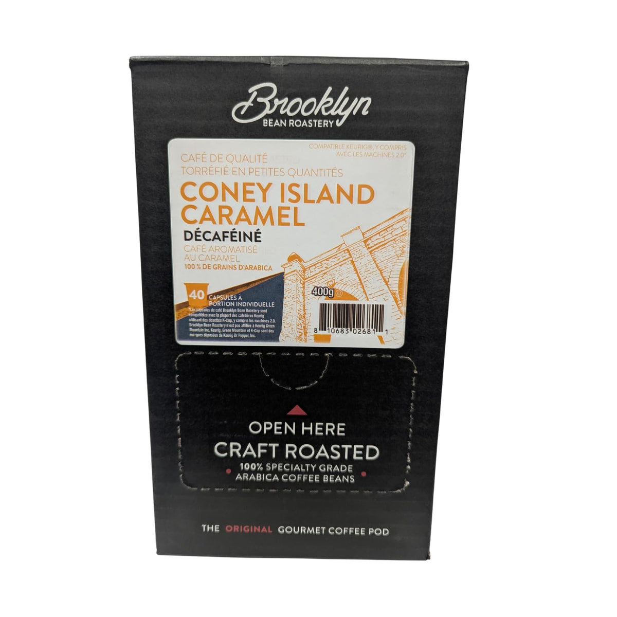 Brooklyn Beans Coney Island Caramel Decaf brew in Keurig for quick, caffeine-free indulgence.