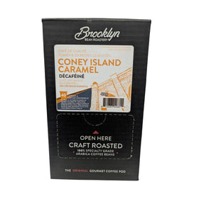 Brooklyn Beans Coney Island Caramel Decaf brew in Keurig for quick, caffeine-free indulgence.