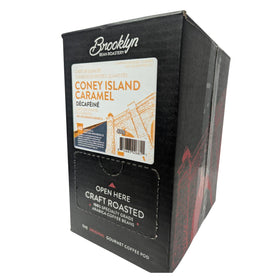 Brooklyn Beans Coney Island Caramel Decaf cup showcasing creamy caramel notes.