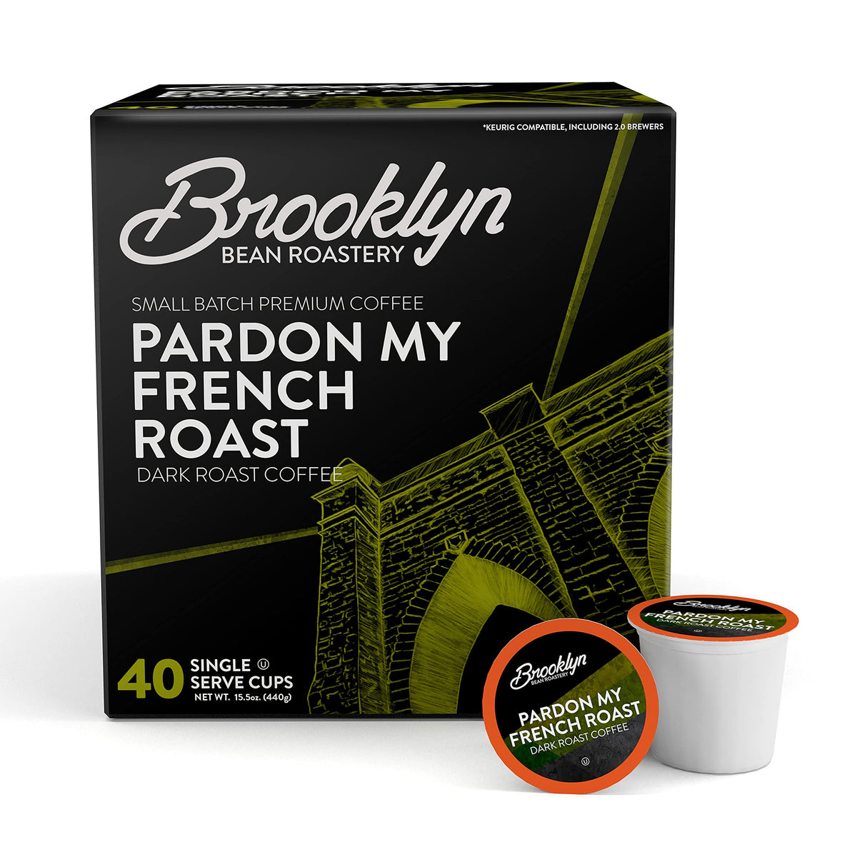 Brooklyn Beans French Roast pods packshot showing bold flavor ready for your morning brew.