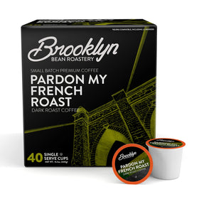 Brooklyn Beans French Roast pods packshot showing bold flavor ready for your morning brew.