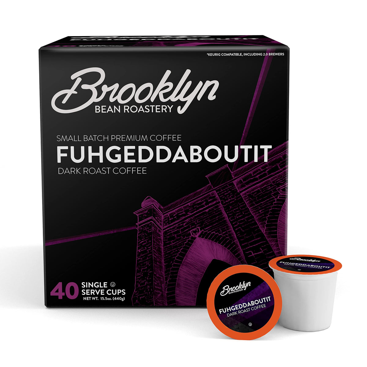 Brooklyn Beans Fuhgeddaboutit pods closeup showcasing bold roast aroma for morning energy.