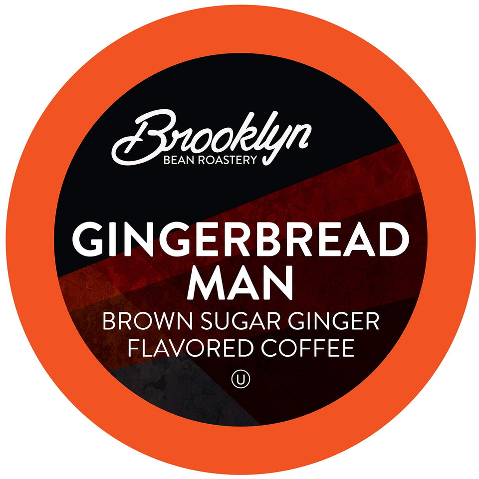 Brooklyn Beans Gingerbread Man pods packaging showcases festive aroma and easy Keurig compatibility.