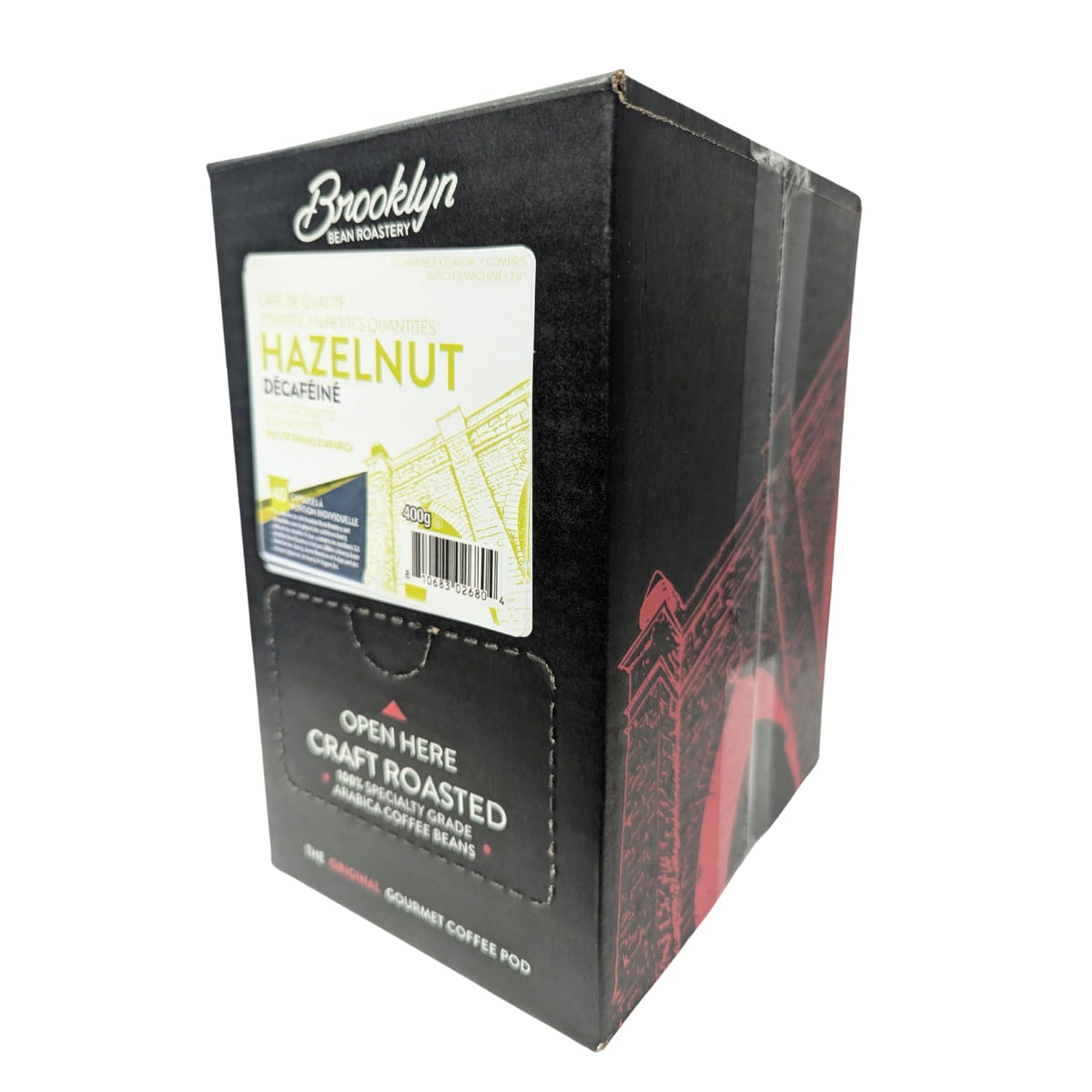 Brooklyn Beans Hazelnut Decaf packaging showing a 40-count box