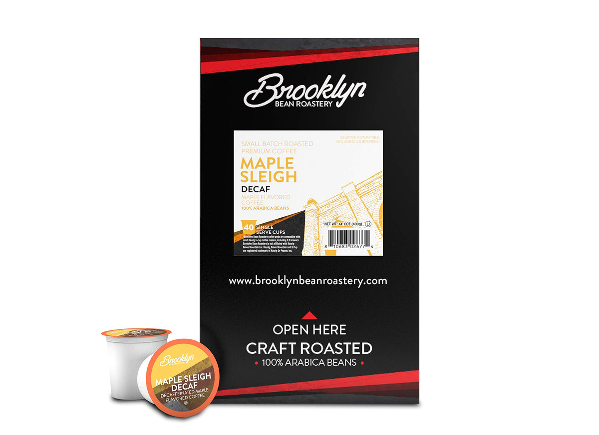 Keurig compatibility highlight with Maple Sleigh Decaf pods for easy brewing.