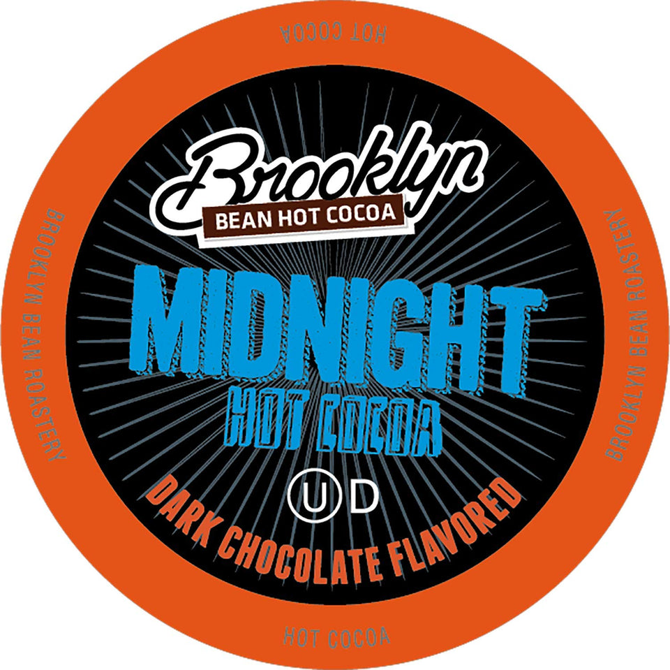 Brooklyn Beans Midnight dark chocolate hot cocoa pods in a box for convenient brewing