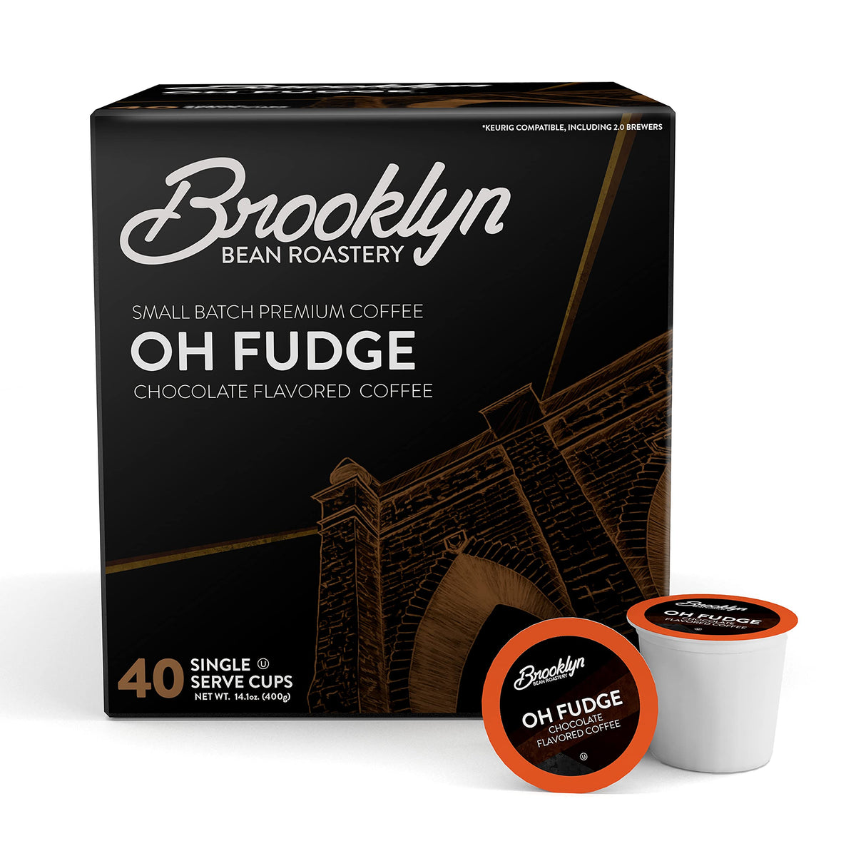 Brooklyn Beans Oh Fudge box front, premium chocolate-flavored coffee for dessert-inspired mornings.
